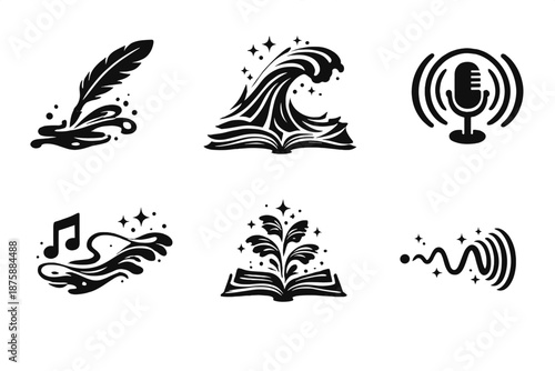Generative Story Icons. Solid style icons of Generative Storytelling: flowing ink, narrative wave, voice ring, sound thread, text