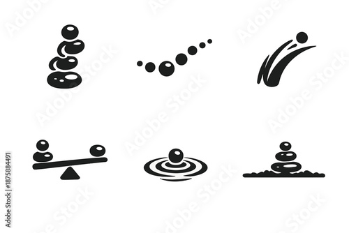 Continuous Balance Icons. Solid style icons of Continuous Balance: stone link, flowing dot, arc trail, small beam, ripple mark,