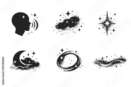 Mystical Icon Set. Solid style icons of Whispered Clarity: voice node, dust veil, radiant line, obscured arc, soft pulse, luminous