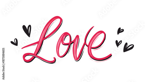 Elegant Hand-Drawn 'Love' Script Typography Illustration with Playful Black Hearts, Perfect for Romantic Designs, Valentine's Day Greetings, Wedding Invitations, or Expressing Heartfelt Affection