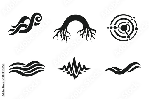 Organic Icon Set. Solid style icons of Organic Disruption: wave thread, root arc, ripple node, flowing line, deep pulse, natural