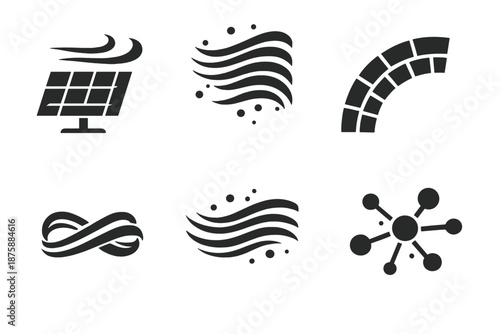 Minimal Flow Icons. Solid style icons of Minimal Flow: wind panel, echo grain, structured arc, soft thread, flowing ripple, subtle