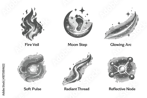 Subdued Flame Icons. Solid style icons of Subdued Flame: fire veil, moon step, glowing arc, soft pulse, radiant thread, reflective