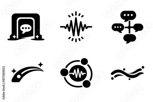 Conversational Flow Icons. Solid style icons of Conversational Flow: glimpse gate, voice pulse, visual thread, glowing arc, sound