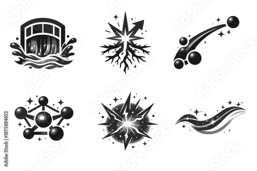 Dynamic Growth Icons. Solid style icons of Dynamic Growth: tide gate, spark root, flowing arc, luminous node, energy pulse, soft