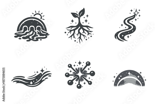 Subtle Emergence Icons. Solid style icons of Subtle Emergence: tide gate, spark root, luminous thread, flowing line, radiant node,