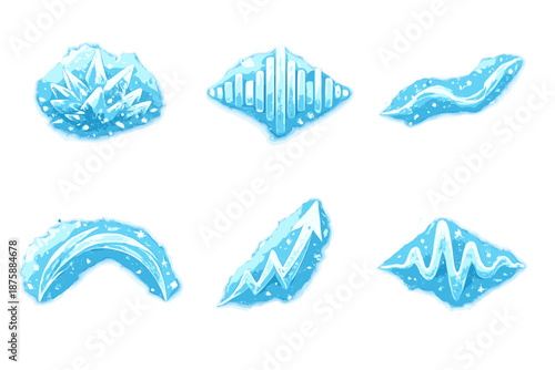 Icy Vibration Icons. Solid style icons of Icy Vibration: frost grain, sound crest, luminous thread, sharp arc, rising line, soft