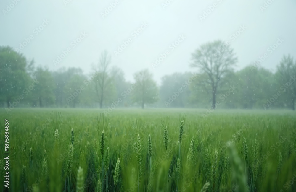 Obraz premium Green wheat field under heavy rain with trees in blurred background. Young spring barley ears grow in the rain. Agriculture crop under cloudy grey sky and water droplets.