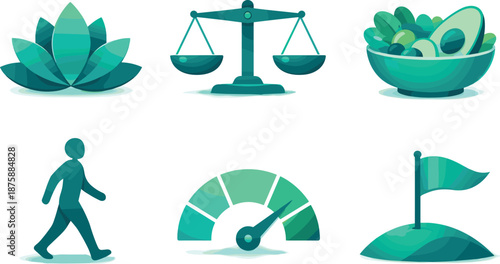 Holistic Wellbeing Symbols. Self-care focused composition expressing holistic personal wellbeing, six symbolic objects arranged in