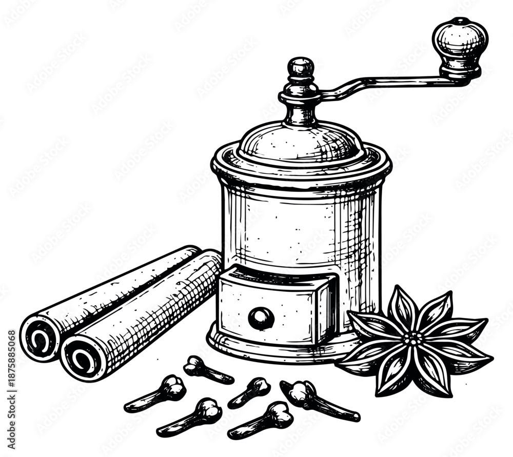 Fototapeta premium Hand drawn line art spice set featuring a vintage grinder, cinnamon sticks, cloves, and star anise for culinary use