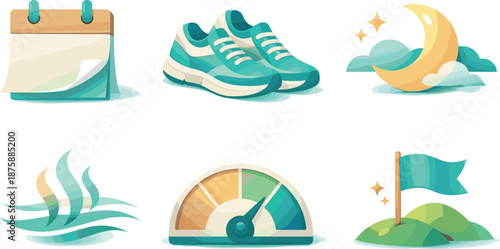 Healthy Lifestyle Symbols. Intentional lifestyle reboot composition expressing healthier daily routines, six symbolic objects