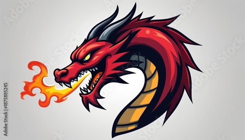 Wallpaper Mural Red dragon head illustration breathes fire. Fierce mythical creature face for sport team logo. Fantasy monster emblem, modern gaming graphic, wild design. Torontodigital.ca