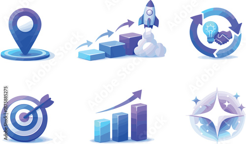 Project Launch Progression. Launch progression infographic-style scene communicating early project movement, six symbolic objects