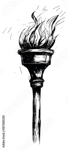 Hand drawn line art illustration of a torch depicting a blazing flame for ceremonial events and symbolism
