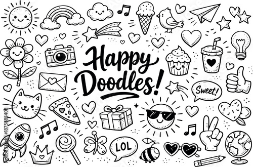 Monochrome Doodle Set. Cheerful mood doodle elements set, hand drawn doodle elements set, center hand-lettered title, black &