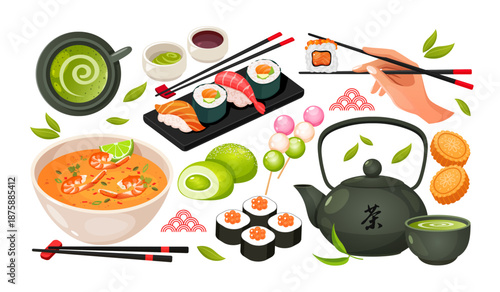 Japanese Food Set Illustration with Sushi Rolls, Nigiri, Matcha Tea, Tom Yum, Dango Sweets, Mochi and Traditional Tableware, Asian Cuisine Collection Isolated on White Background.