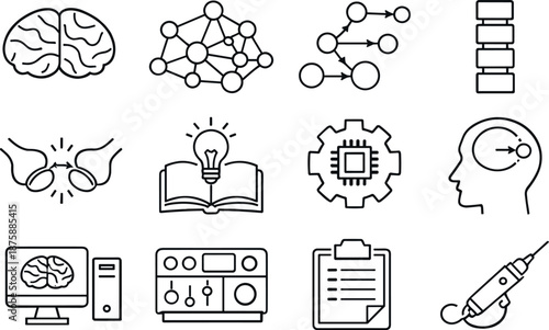 Brain-Inspired Icon Grid. Line style icons of Brain-inspired computing: cortex, neuronpool, pathway, column; plasticity, learning,