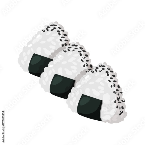 Japanese Onigiri Rice Balls with Nori and Black Sesame Isolated on White Background, Traditional Asian Food Illustration, Minimal Flat Vector Design.
