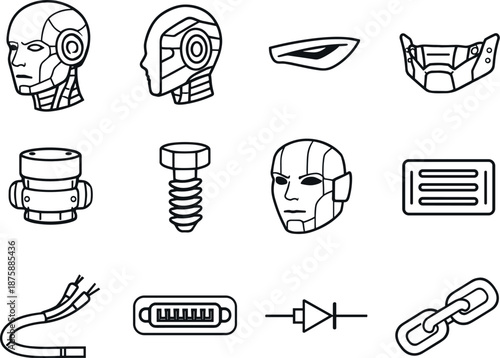 Android Face Icons. Line style icons of humanoid robot face: android head, ear panel, eye slit, jaw; neck joint, head bolt, face
