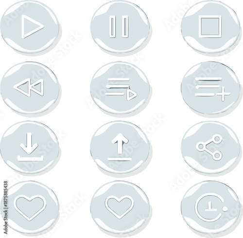 Frosted Glass UI Buttons. Round translucent buttons arranged in a centered 3x4 grid with equal spacing, each containing a simple
