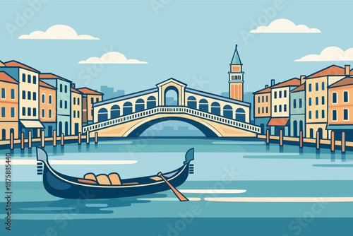 Venetian Spring Vista. Venice canal: Rialto Bridge center, gondola foreground, pastel houses both sides, St Mark's tower far back,