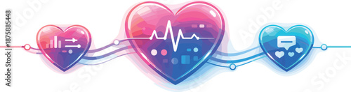 Digital Love Connections. Glowing heart-shaped interfaces connected by smooth data lines, modern flat vector illustration