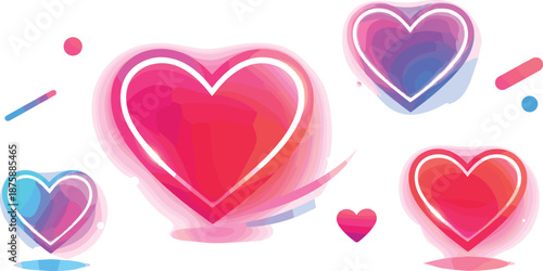 Abstract Neon Hearts. Abstract neon heart forms floating in a dynamic yet clean composition, modern flat vector illustration