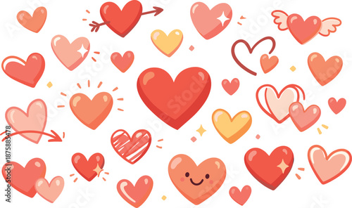 Heart Doodle Art. Playful hand-drawn heart sketches scattered with casual rhythm, modern flat vector illustration representing the