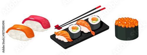 Japanese Sushi Set Illustration with Nigiri, Maki Rolls and Ikura Sushi, Traditional Asian Cuisine, Salmon and Tuna Sushi on Plate with Chopsticks, Vector Food Illustration