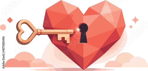Unlocking Geometric Heart. Stylized key unlocking a geometric heart in a refined romantic layout, modern flat vector illustration