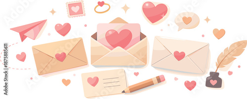 Romantic Love Symbols. Romantic correspondence symbols floating calmly with envelopes and hearts, modern flat vector illustration