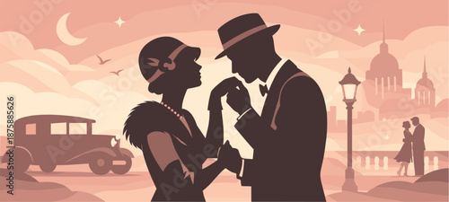 Vintage Romantic Silhouettes. Classic couple silhouettes evoking early 20th-century romance and charm, modern flat vector