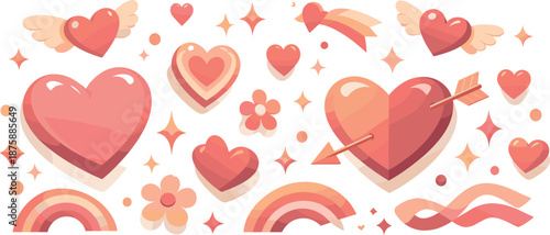 Retro Valentine Vibes. Old-school Valentine hearts and decorative elements floating with playful rhythm, modern flat vector