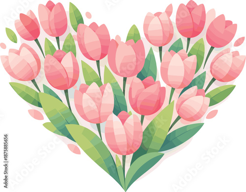 Tulip Heart Design. Abstract tulip blossoms arranged to form a soft romantic heart shape, modern flat vector illustration