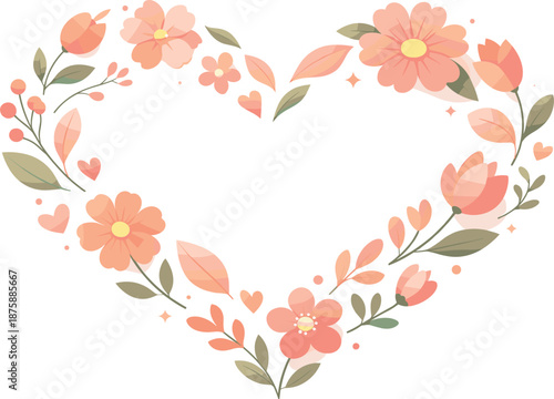 Floral Love Illustration. Minimal floral elements arranged into a symbolic heart-shaped flow, modern flat vector illustration