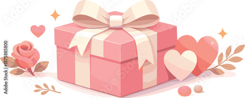 Romantic Gift Illustration. Minimal gift box styled with romantic colors and delicate decorative balance, modern flat vector