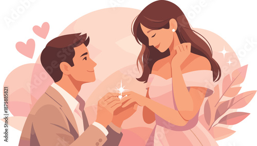 Elegant Engagement Illustration. Elegant engagement scene suggested through gentle body language and luminous jewelry detail,