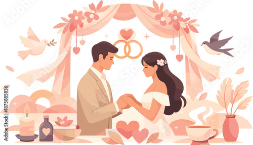 Love Ceremony Illustration. Romantic ceremonial scene expressed through gentle gestures and symbolic elements, modern flat vector