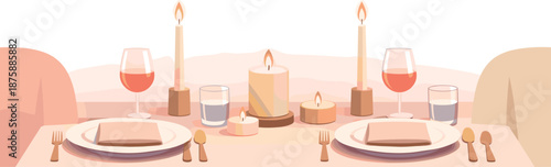 Modern Dinner Date. Minimal couple dining setup captured with plates, candles, and close seating symmetry, modern flat vector