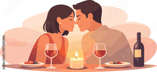 Minimalist Date Night. Minimal couple dining setup captured through candle glow, wine glasses, and close posture, modern flat