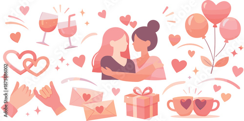 Galentine Celebration Art. Minimal celebration scene built from friendship symbols, hearts, and lively motion cues, modern flat