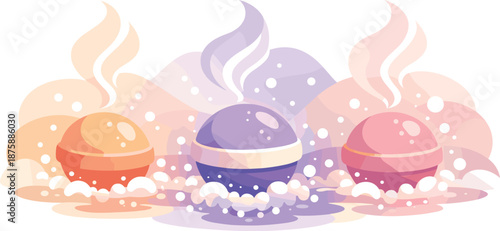 Floating Bath Bombs. Minimal composition of bath bombs floating and fizzing with calming aromatic steam shapes, modern flat vector