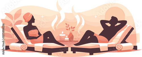 Minimal Spa Bliss. Minimal spa setting illustrated through silhouettes resting on loungers with towels and steam accents, modern