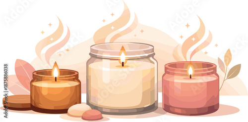 Elegant Scented Glow. Elegant jar candles glowing warmly with abstract fragrance lines suggesting aroma, modern flat vector