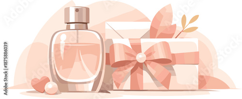 Minimalist Perfume Gift. Minimal perfume gift composition highlighting bottle silhouette and elegant wrapping details, modern flat