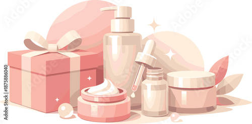 Minimal Skincare Arrangement. Minimal cosmetic gift composition highlighting jars, droppers, and clean packaging silhouettes,