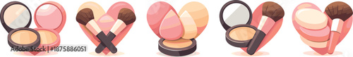 Makeup Heart Icons. Minimal heart icons suggested through compact powders, brushes, and soft beauty forms, modern flat vector