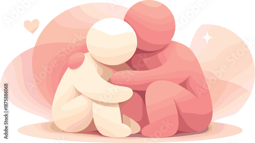 Minimalist Cuddle Illustration. Minimal cuddling figures sitting close with rounded forms conveying warmth and emotional safety,