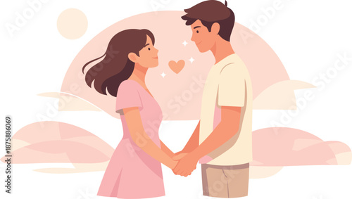 Cute Couple Illustration. Minimal charming couple scene showing two figures holding hands with soft emotional warmth, modern flat