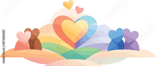 Rainbow Love Harmony. Minimal inclusive love scene built from rainbow hearts and harmonious balanced forms, modern flat vector